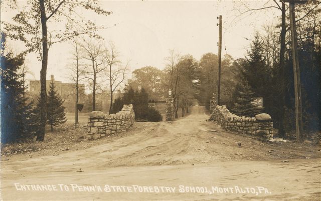 A photograph showing the entrance to Pennsylvania State Forestry School in Mont Alto, now Penn State Mont Alto. The campus is less than half a mile from the Birds & Blooms walking trail.