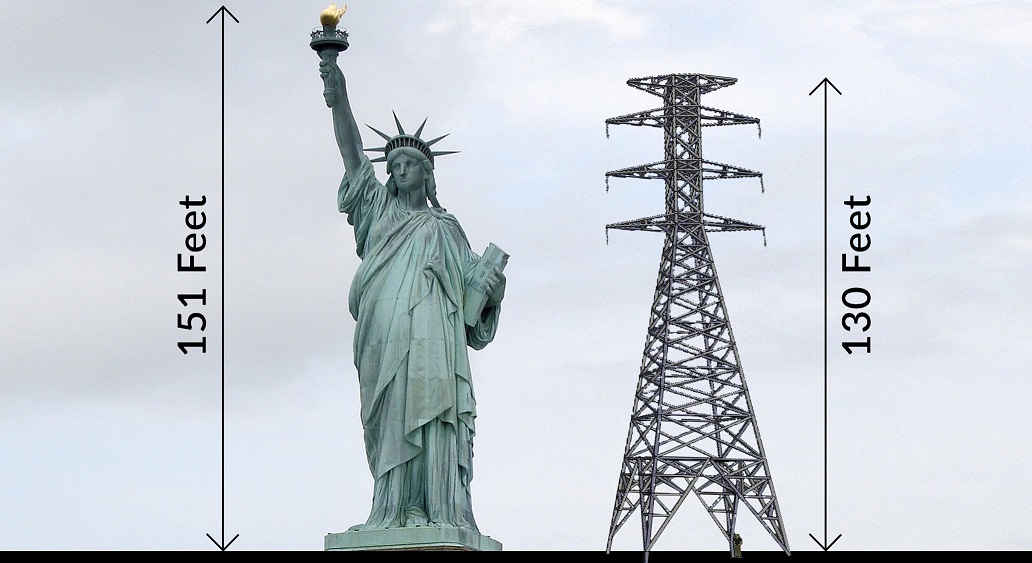 The metal lattice towers are 130 feet tall.