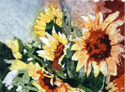 Sunflowers in Red Vase, Batik Watercolor