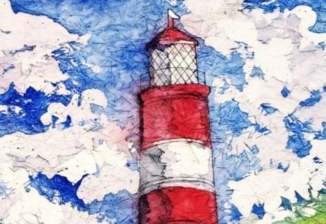 Lighthouse Red and White Stripes, Batik Watercolor at Joyful Arts Studios