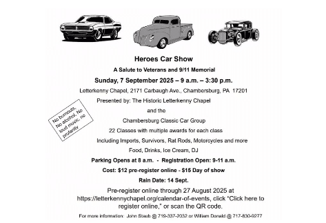 Salute To Veterans Car Show | Historic Letterkenny Chapel and Veterans and 9/11 Memorial Park, Chambersburg