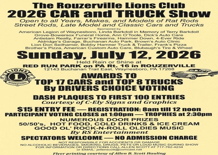 Rouzerville Lions Club 2026 Car & Truck Show | Red Run Park, Waynesboro